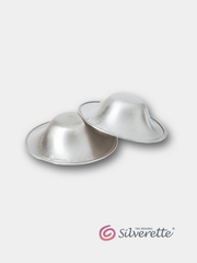 Silverette® Nursing Cups in silver, designed for breastfeeding comfort, shown with their logo in the image.