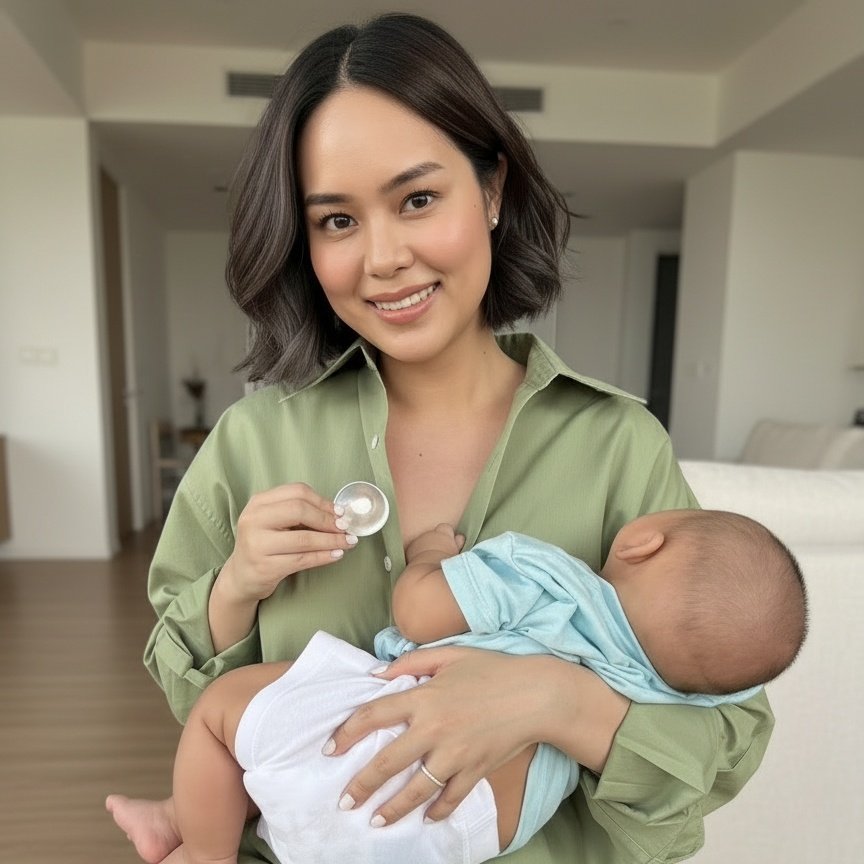 Smiling mum holding her sleeping baby and a Silverette silver nursing cup