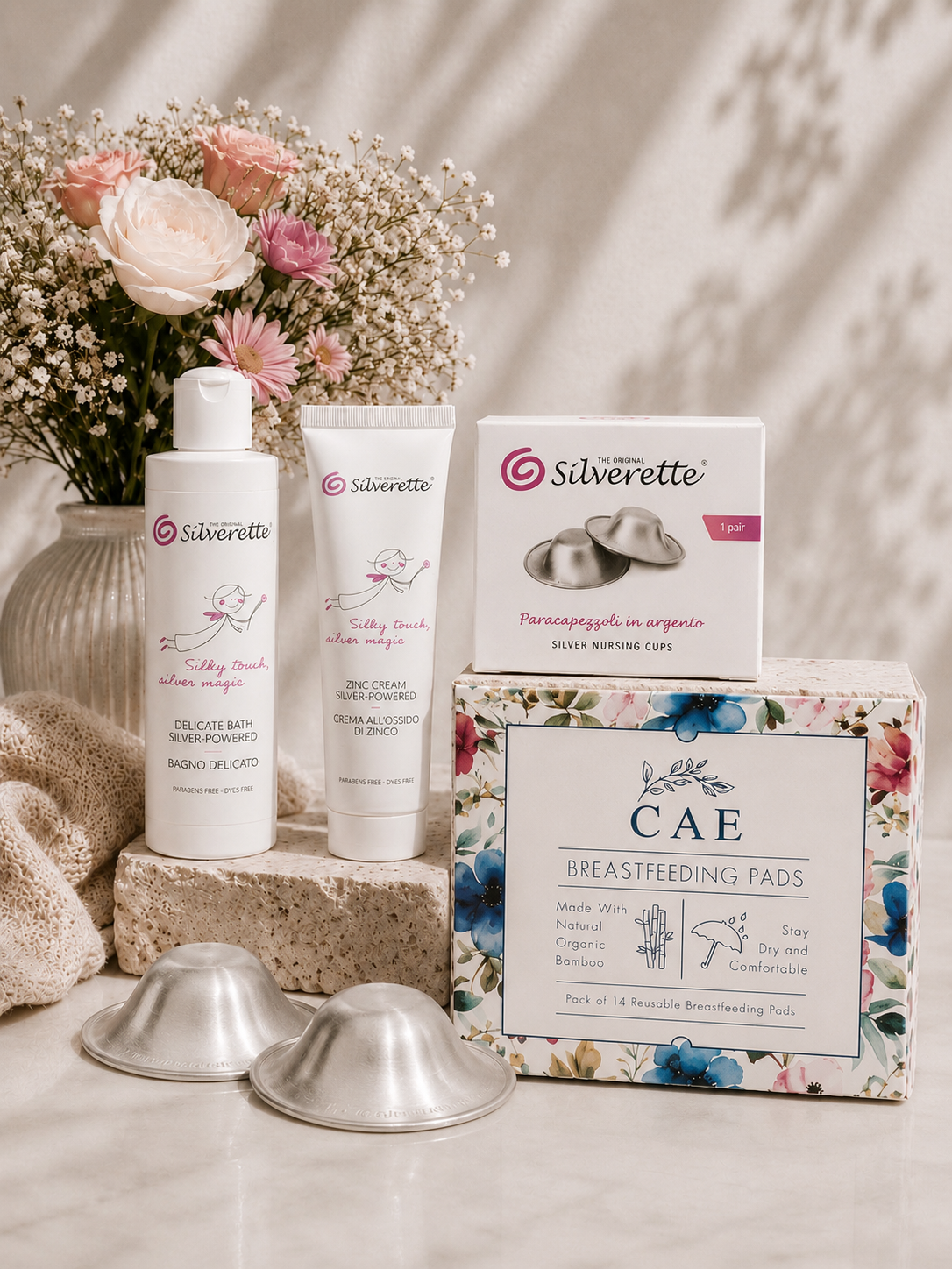 Silverette Welcome Baby Gift Set with silver keepsake items and soft gift packaging for new mothers and babies.