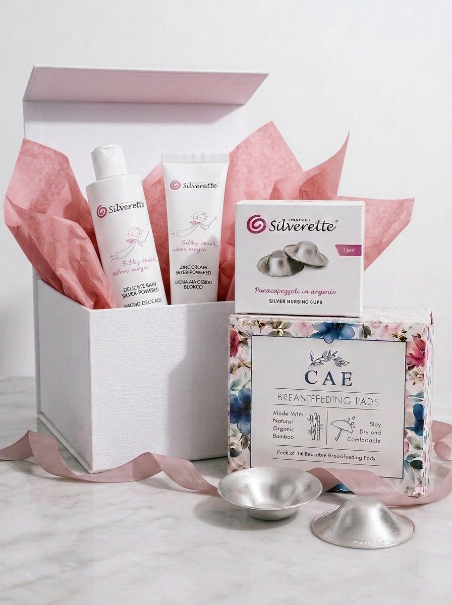 Silverette Welcome Baby Gift Set featuring silver baby keepsakes and accessories in a neatly arranged gift box.