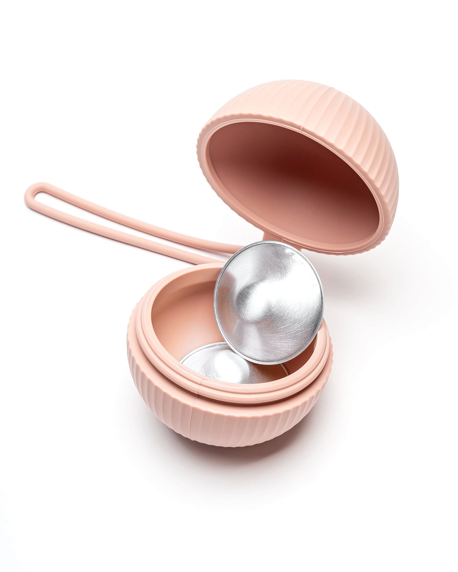 Silverette 925 sterling silver nursing cups inside the open Happy Nipples pink silicone holder with carry loop