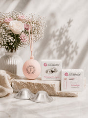 Silverette Starter Set with silver nursing cups and accessories, designed for breastfeeding support and nipple care.